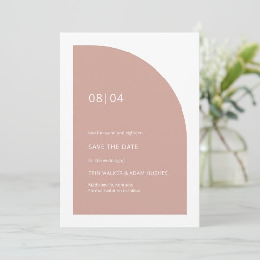 Blush Roze Minimalistische Monogram Half Arch Wedd Save The Date (Staand voorkant)