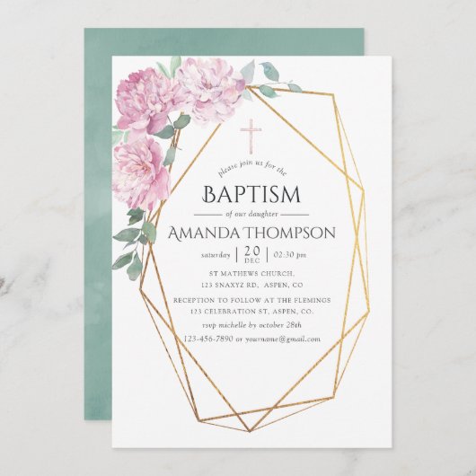 Blush roze & Mint Geometric Baptism of Christening Kaart (Voorkant / Achterkant)