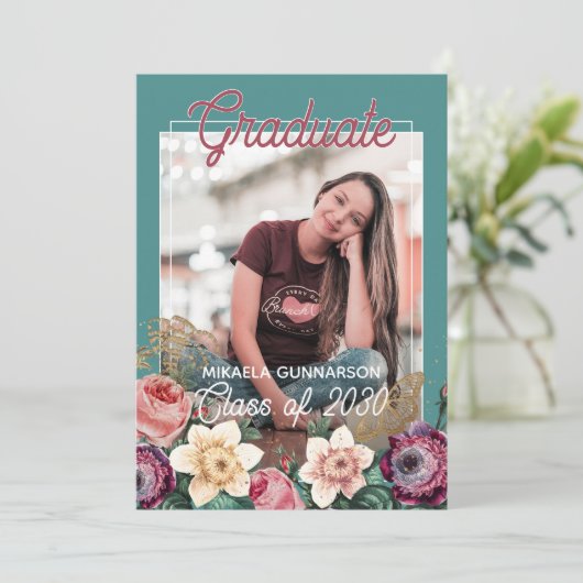 Blush Roze Mint Green Botanical Florence Afstudere Aankondiging (Staand voorkant)