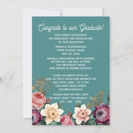 Blush Roze Mint Green Botanical Florence Afstudere Aankondiging (Achterkant)