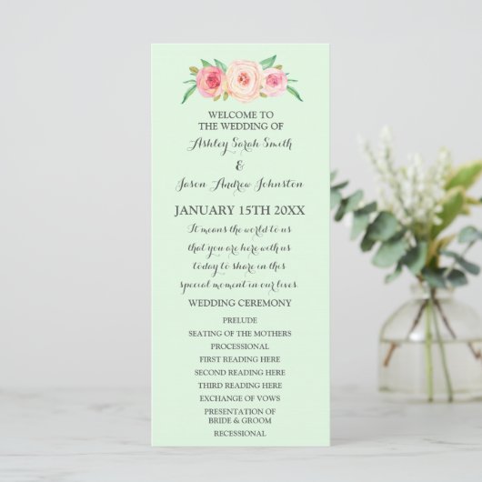 Blush Roze Mint Groen Bloemen Bruiloft Programma Programmakaart (Staand voorkant)