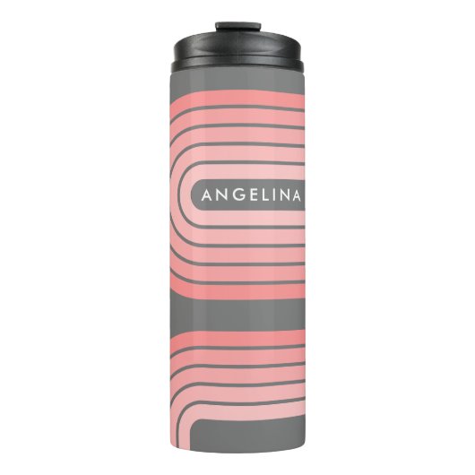 Blush Roze modderretro Striped Pattern Custom Name Thermosbeker (Voorkant)