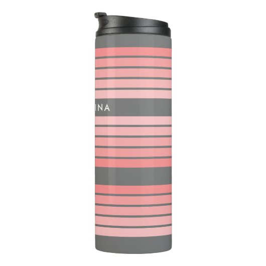 Blush Roze modderretro Striped Pattern Custom Name Thermosbeker (Geroteerd rechts)