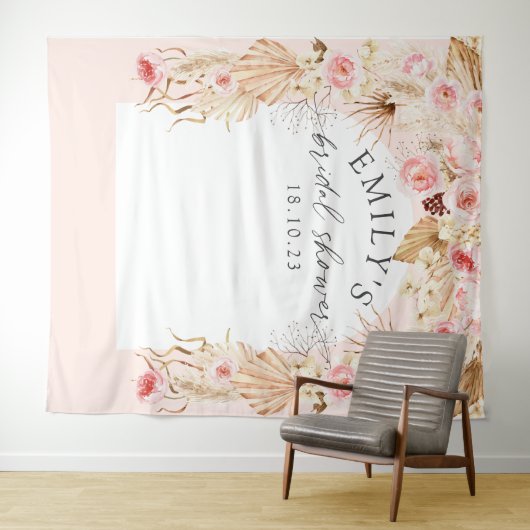 Blush roze Modern arch Boho floral pampas backdrop Wandkleed (In Situ (horizontaal))