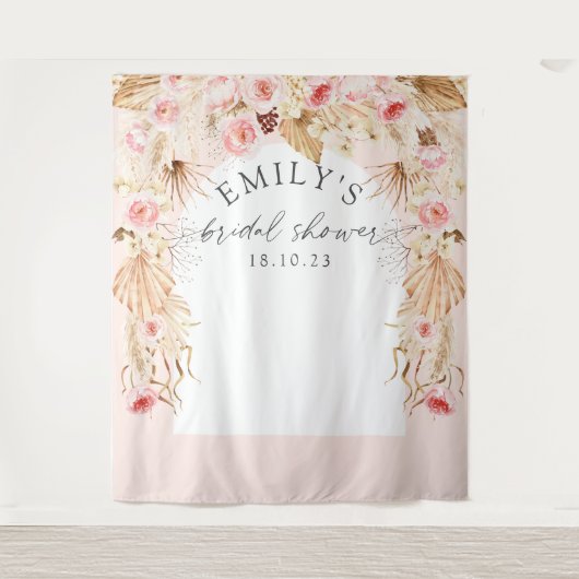 Blush roze Modern arch Boho floral pampas backdrop Wandkleed (Voorkant)