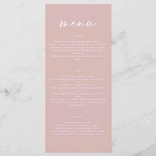 Blush roze modern eenvoudig elegant script bruilof menu (Voorkant)
