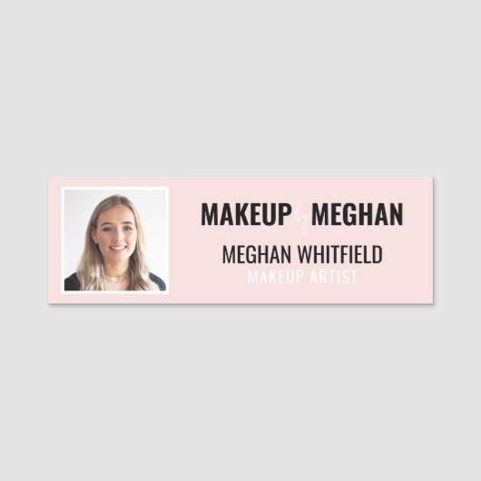 Blush Roze Modern Logo Foto Make-up Naam Naamplaatje (Voorkant)
