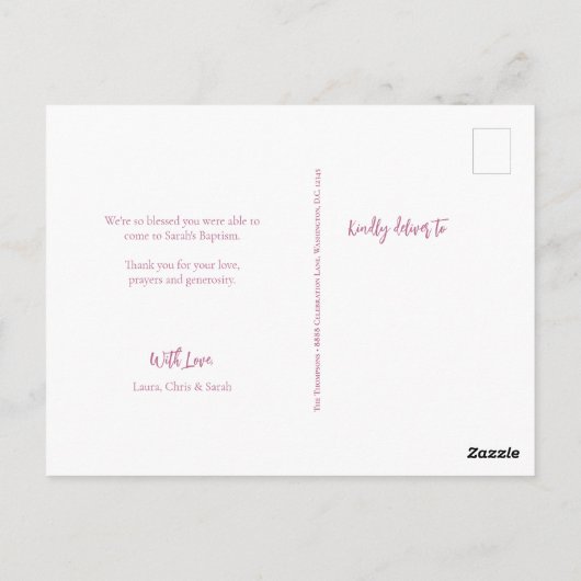 Blush roze Modern Script Custom Girl Doop Briefkaart (Achterkant)