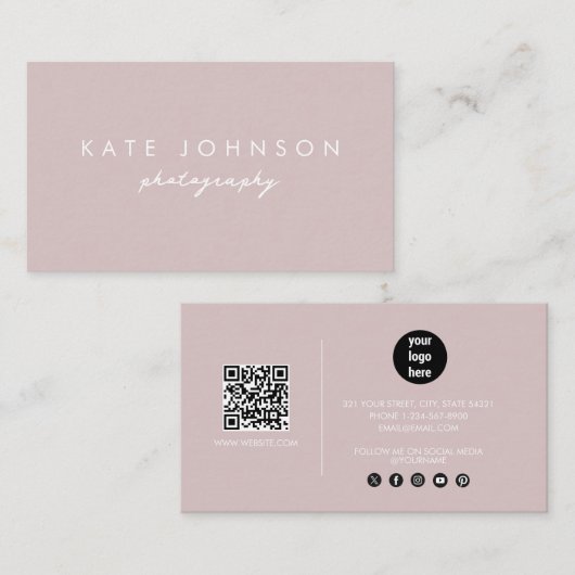 Blush Roze Modern Script QR Code Social Media Visitekaartje (Voorkant / Achterkant)