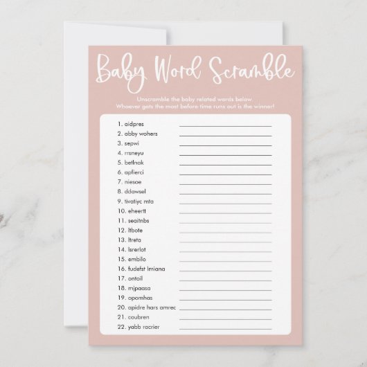 Blush roze moderne baby shower word scramble game kaart (Voorkant)
