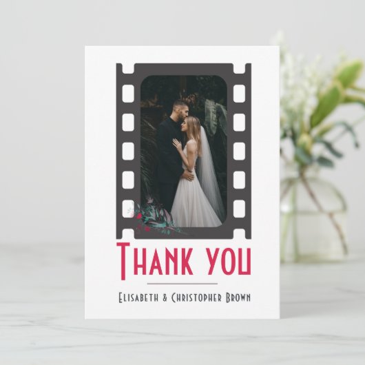 Blush roze moderne film bloemenbruiloft bedankkaart (Staand voorkant)