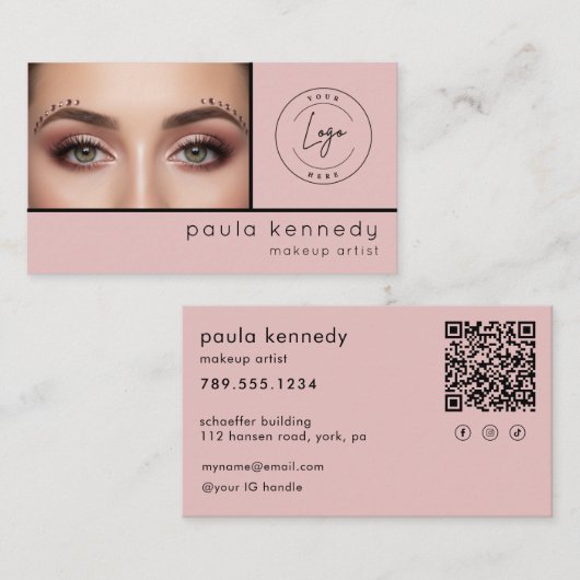 Blush Roze Moderne Foto Make-up QR-code Visitekaartje (Voorkant / Achterkant)
