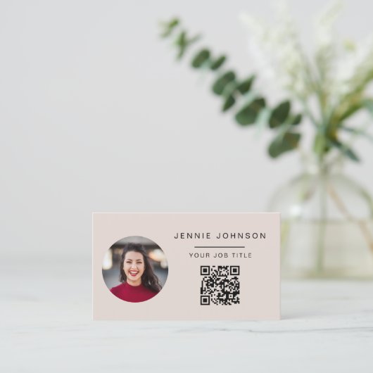 Blush Roze Moderne Foto Minimale QR CODE Visitekaartje (Staand voorkant)