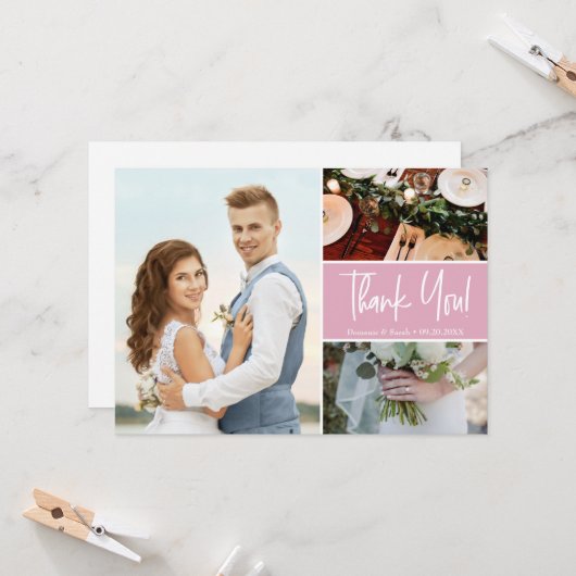 Blush Roze Moderne fotocollage Bruiloft Kaart (Voorkant / Achterkant in situ)