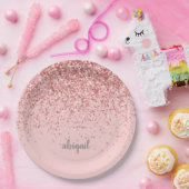 Blush Roze moderne Glitter Monogram Naam Papieren Bordje (Feest)