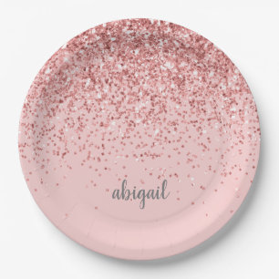 Blush Roze moderne Glitter Monogram Naam Papieren Bordje