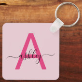 Blush roze moderne meisjesmonogram naam voor scrip sleutelhanger (Achterkant)