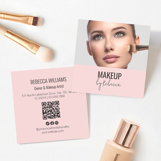 Blush Roze Moderne QR Code Foto Make-up Vierkante Visitekaartje