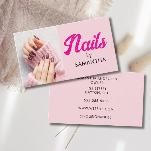Blush Roze Moderne Script Foto Nagels Visitekaartje