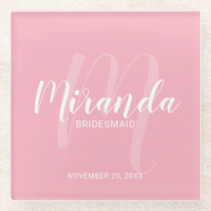 Blush roze moderne script persoonlijke bridesmaids glazen onderzetter
