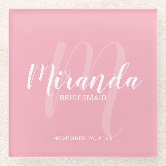 Blush roze moderne script persoonlijke bridesmaids glazen onderzetter (Voorkant)