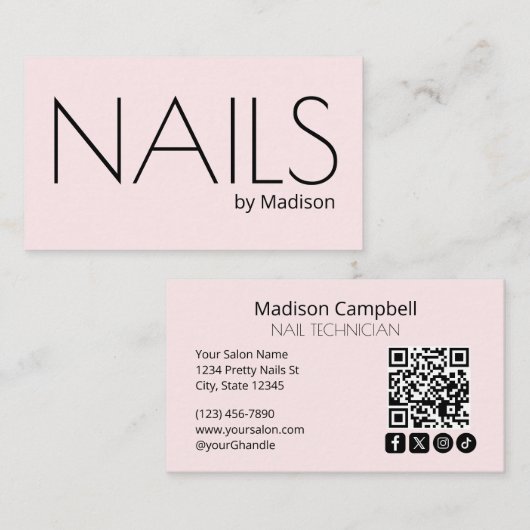 Blush Roze Moderne Sociale Icoon QR-Code Nagels Visitekaartje (Voorkant / Achterkant)