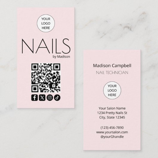 Blush Roze Moderne Sociale Icoon QR Code Nagels Visitekaartje (Voorkant / Achterkant)