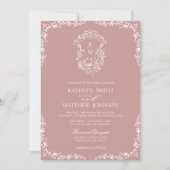 Blush Roze Monogram Bloemen Crest Bruiloft Kaart (Voorkant)