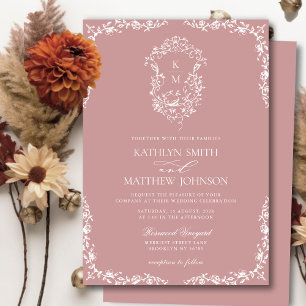 Blush Roze Monogram Bloemen Crest Bruiloft Kaart