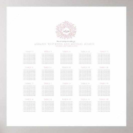 Blush roze monogram bruiloft 20 tafel zitgrafiek poster (Voorkant)