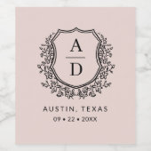 Blush Roze Monogram Bruiloft Bloemen Crest Wijn Etiket (Enkel label)
