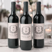 Blush Roze Monogram Bruiloft Bloemen Crest Wijn Etiket