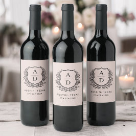 Blush Roze Monogram Bruiloft Bloemen Crest Wijn Etiket