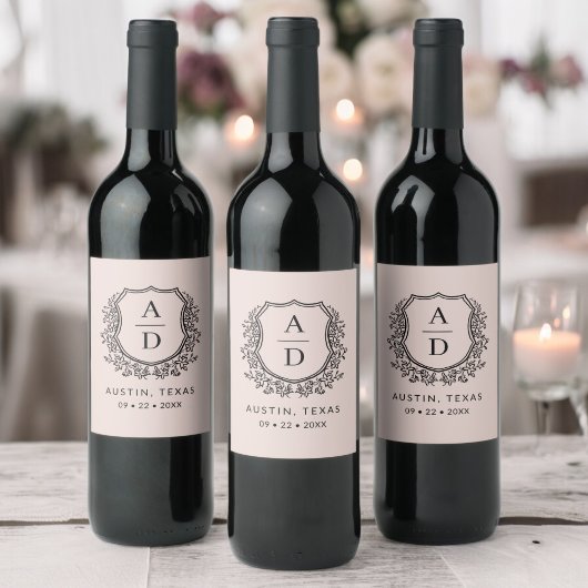 Blush Roze Monogram Bruiloft Bloemen Crest Wijn Etiket