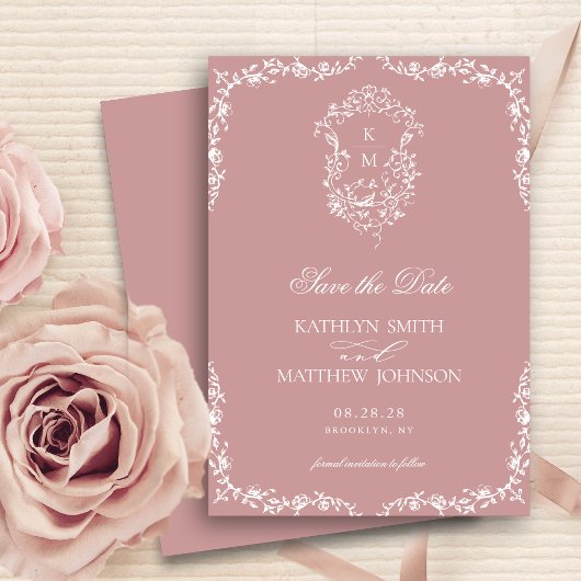 Blush Roze Monogram  Crest Bruiloft Save The Date