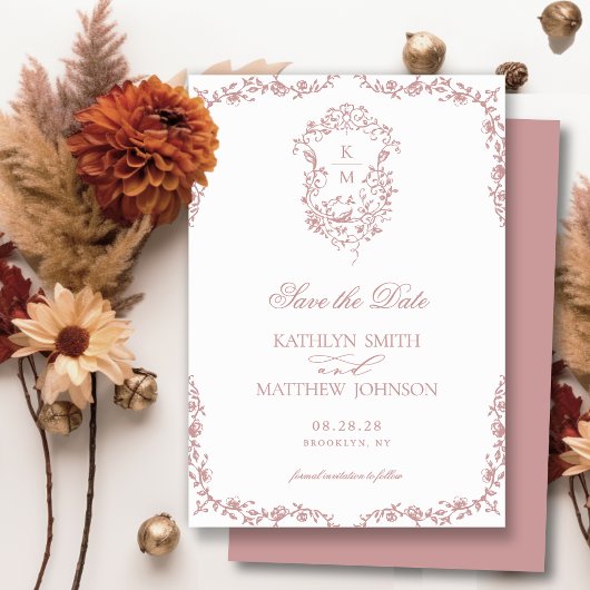 Blush Roze Monogram  Crest Bruiloft Save The Date