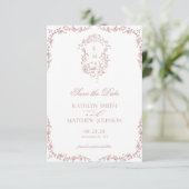 Blush Roze Monogram  Crest Bruiloft Save The Date (Staand voorkant)