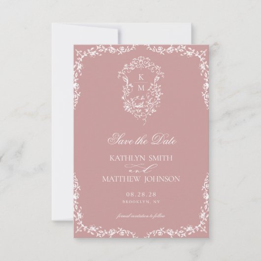 Blush Roze Monogram  Crest Bruiloft Save The Date (Voorkant)