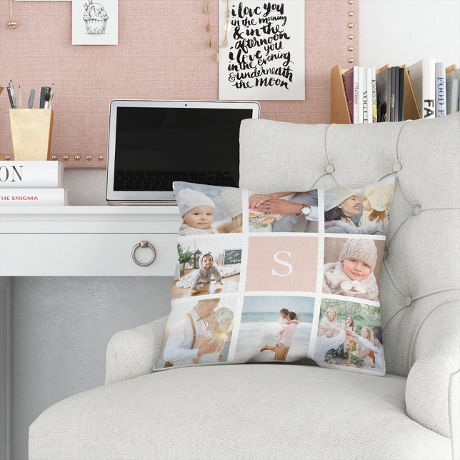 Blush roze monogram fotocollage kussen (Creator heeft geüpload)