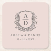 Blush Roze Monogram Huwelijk Bloemkam Elegant Kartonnen Onderzetters (Voorkant)