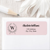 Blush roze monogram initiaal krans retour adres etiket (Insitu)