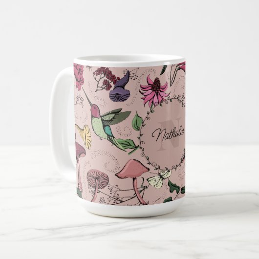 Blush Roze Monogram Kolibrie & Bloemen Tuin Koffiemok (Voorkant links)