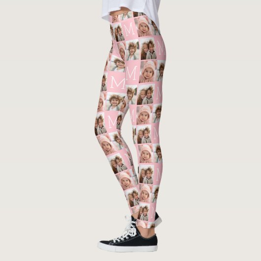 Blush Roze Monogram met Custom 3 Fotocollage Leggings (Links)