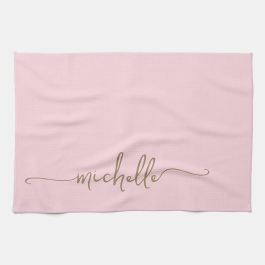 Blush Roze Monogram Naam Gouden Kalligrafie Script Theedoek (Horizontaal)