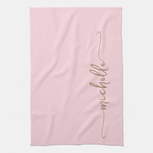 Blush Roze Monogram Naam Gouden Kalligrafie Script Theedoek (Verticaal)