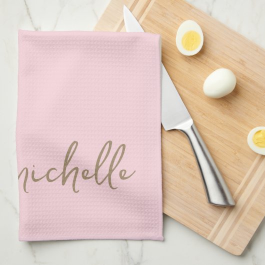 Blush Roze Monogram Naam Gouden Kalligrafie Script Theedoek (Quarter Fold)