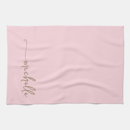 Blush Roze Monogram Naam Gouden Kalligrafie Script Theedoek (Horizontaal)