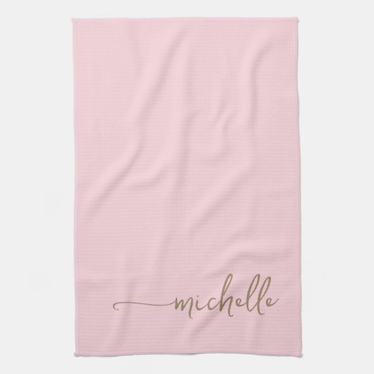 Blush Roze Monogram Naam Gouden Kalligrafie Script Theedoek (Verticaal)