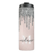 Blush roze monogram naam Silver Glitter Drip Thermosbeker (Voorkant)
