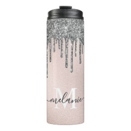 Blush roze monogram naam Silver Glitter Drip Thermosbeker
